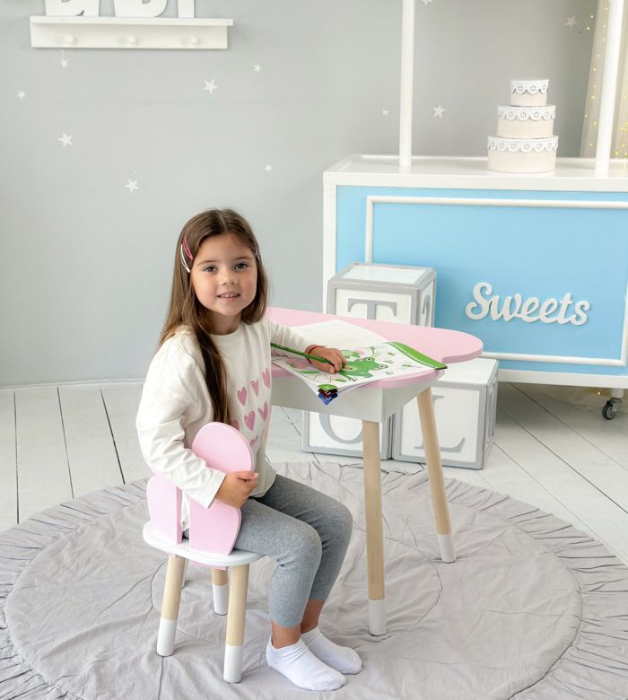 Детский стол розовый облачко с нишей и стульчик бабочка розовая 23412 LalaKids