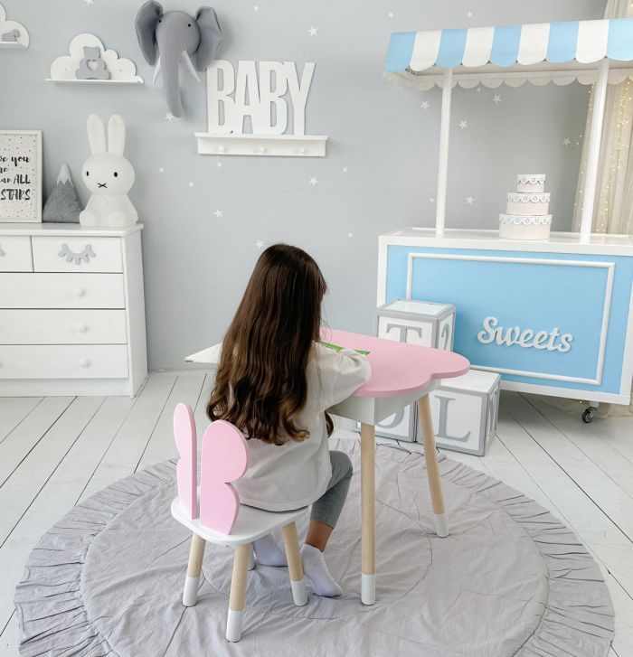 Детский стол розовый облачко с нишей и стульчик бабочка розовая 23412 LalaKids