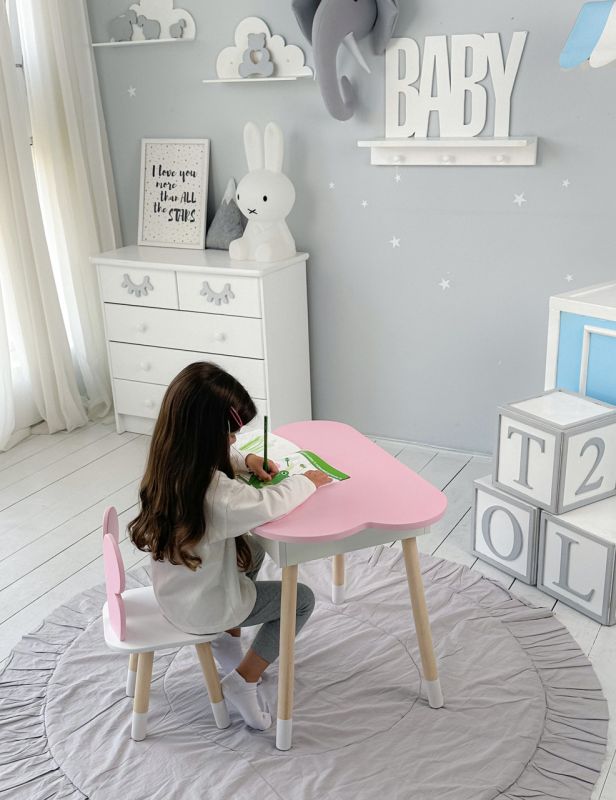 Детский стол розовый облачко с нишей и стульчик бабочка розовая 23412 LalaKids