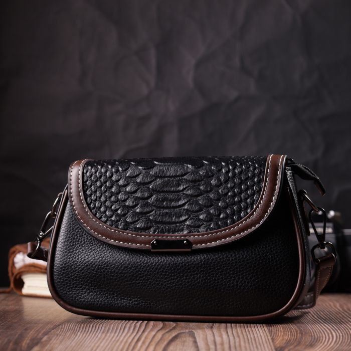 Стильная сумка для женщин с фактурным клапаном из натуральной кожи Vintage 22374 черная