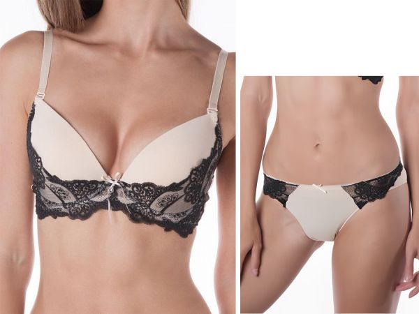 Комплект жіночої спідньої білизни (пуш-ап+1+сліпи) 3005 Chantamely бежевий-чорний