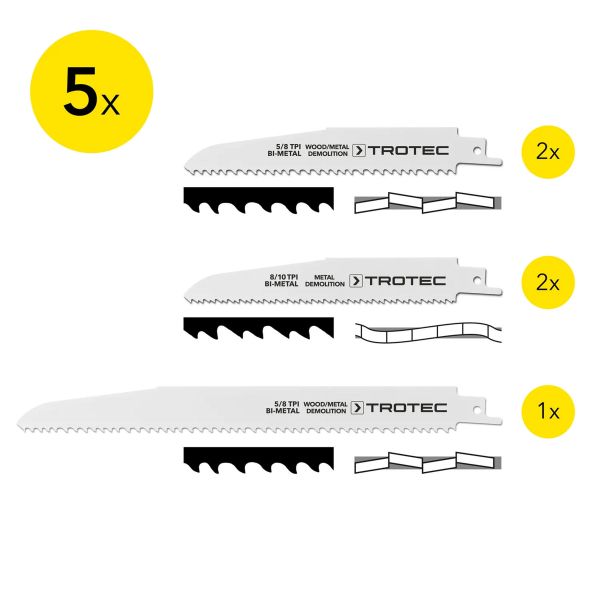 Набір пиляльних полотен для пили шабельної Trotec 5 pieces Wood/Metal Set (6215001201)