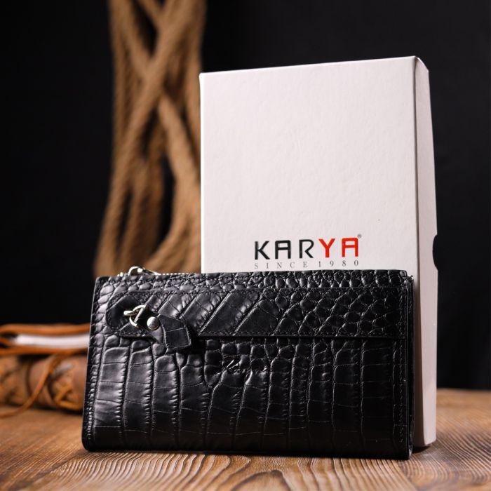 Складаний гаманець з натуральної шкіри з тисненням під крокодила KARYA 21128 чорний