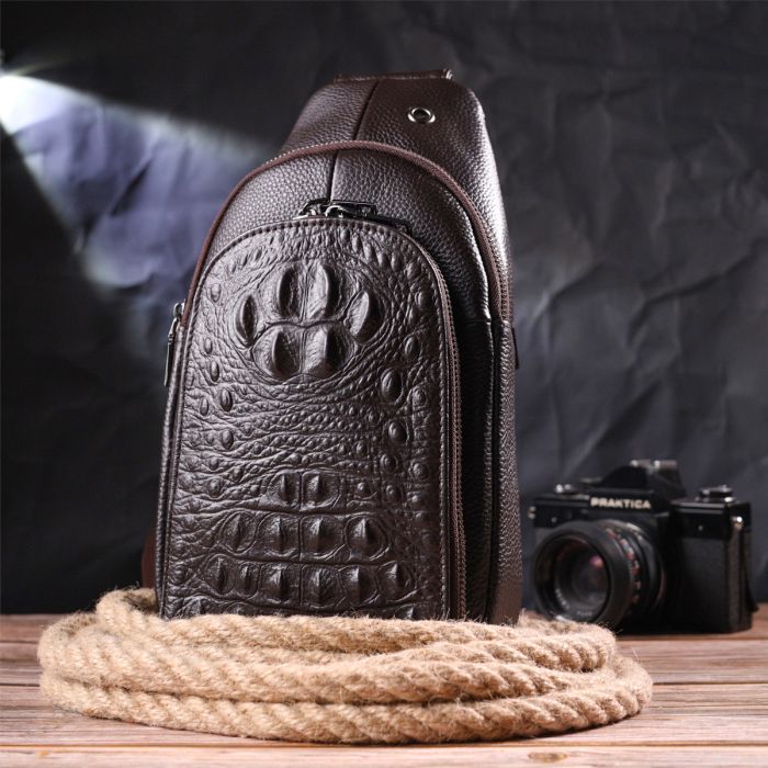 Сумка слінг чоловіча з натуральної фактурної шкіри 21401 Vintage коричневий