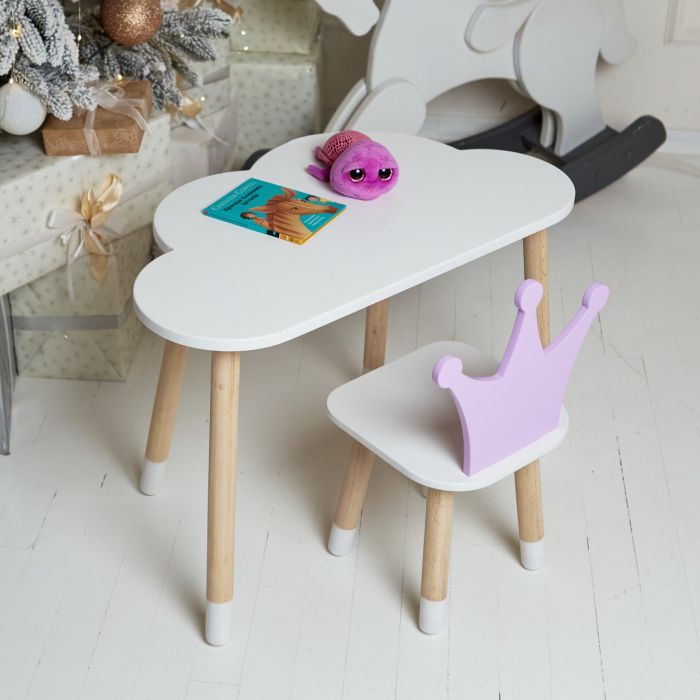 Белый столик облако и стульчик корона детский фиолетовый LalaKids