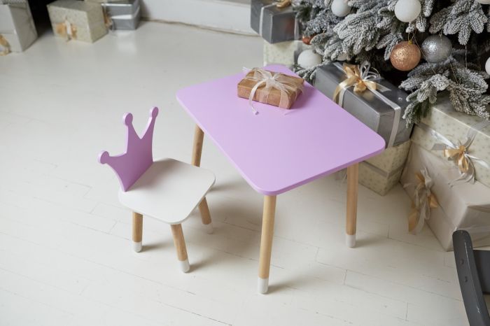 Детский фиолетовый прямоугольный стол и стульчик корона LalaKids