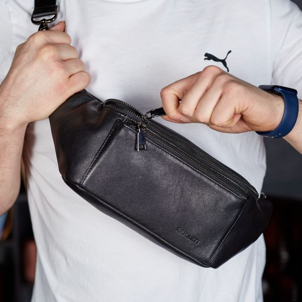 Сумка-бананка для телефону Tiding Bag 11х25х8 із натуральної гладкої шкіри TD-31848 чорна