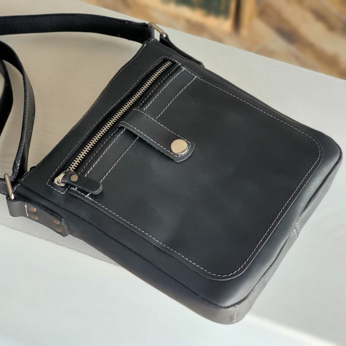 Чоловіча шкіряна сумка планшет GS 22*20*3 см чорна з сірою стрічкою (ПЛ 001 черн/сер)