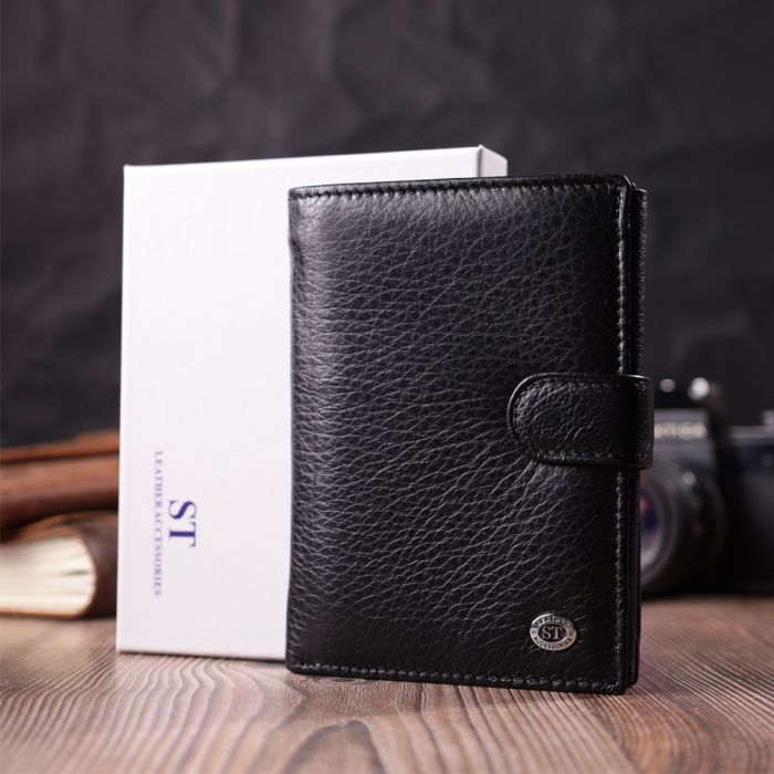 Практичный мужской кошелек с блоком под документы из натуральной кожи ST Leather 22478 черный