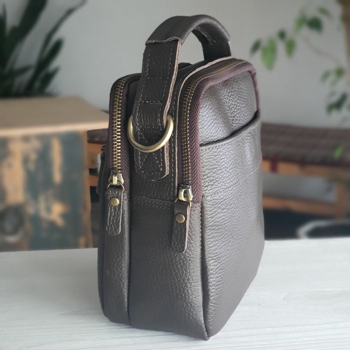 Чоловіча шкіряна сумка GS з ременем через плече і ручкою коричнева флотар (БМ2К коричнева Ф)