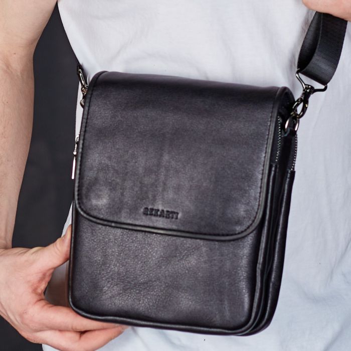 Месенджер із клапаном через плече 24х20х6, шкіряна барсетка Tiding Bag TD-20033 чорна