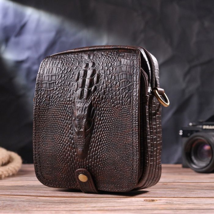 Фактурная мужская сумка из натуральной кожи с тиснением под крокодила 21300 Vintage коричневая