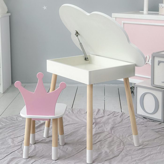 Детский стол белое облако с нишей и стульчик корона розовый 85866 LalaKids
