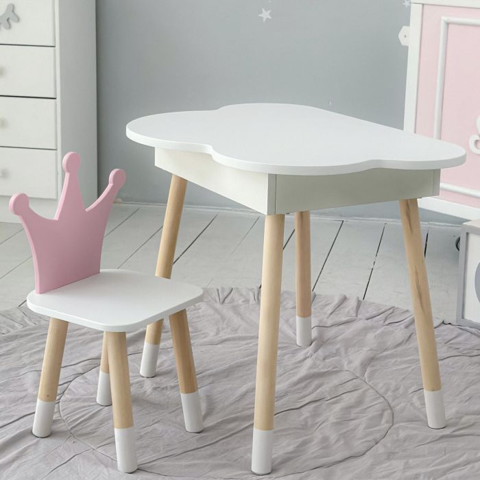 Детский стол белое облако с нишей и стульчик корона розовый 85866 LalaKids