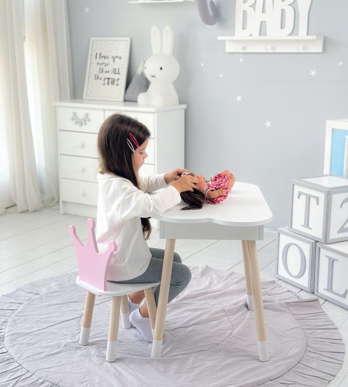 Детский стол белое облако с нишей и стульчик корона розовый 85866 LalaKids