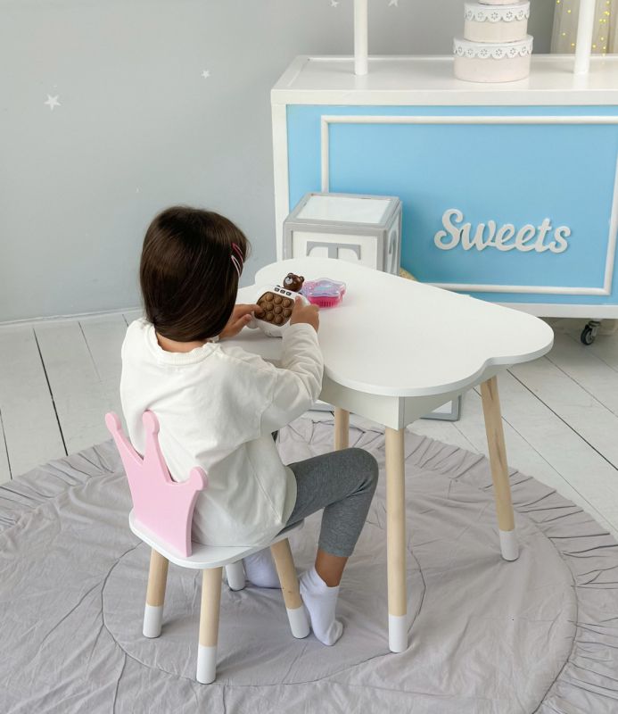 Детский стол белое облако с нишей и стульчик корона розовый 85866 LalaKids