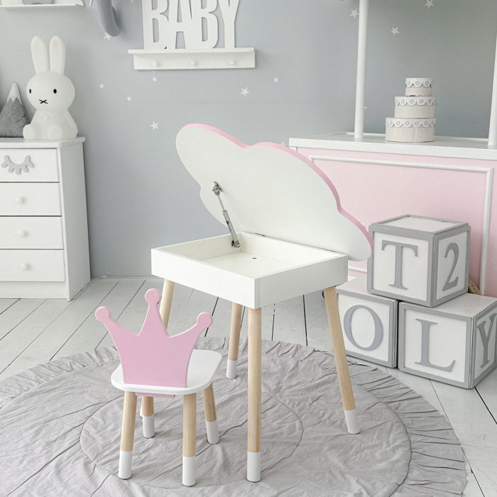Детский стол розовое облако с нишей и стульчик корона розовый 93061 LalaKids