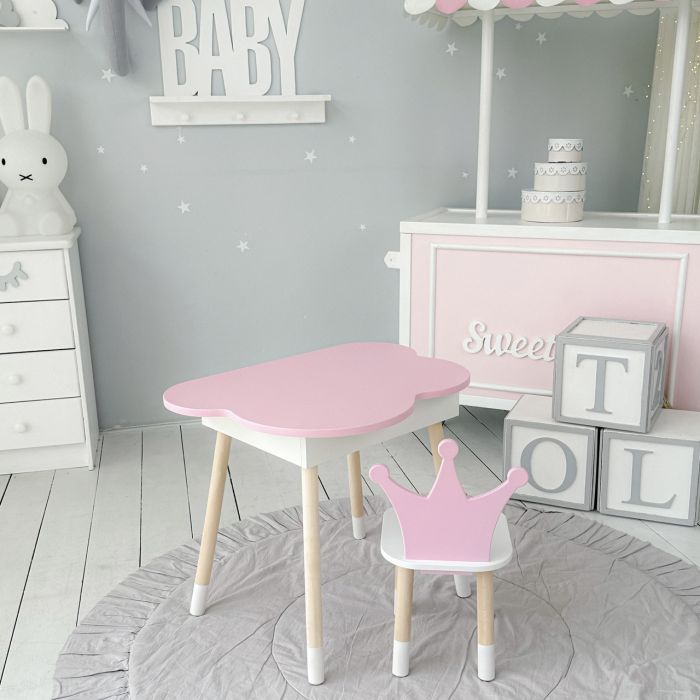 Детский стол розовое облако с нишей и стульчик корона розовый 93061 LalaKids