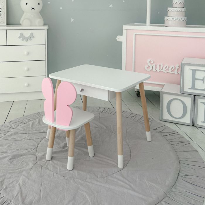 Детский белый столик с ящиком и стульчик бабочка розовая 34961 LalaKids