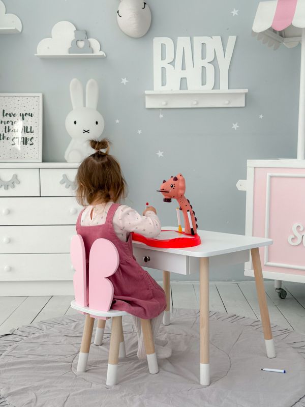 Детский белый столик с ящиком и стульчик бабочка розовая 34961 LalaKids