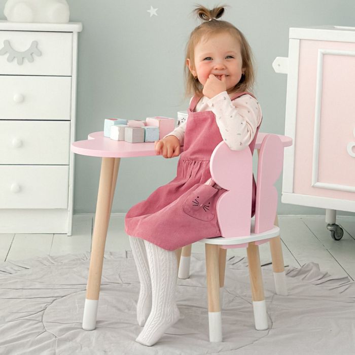 Столик хмарка і стільчик метелик дитячий рожевий з білим сидінням для занять, ігор та їжі LalaKids