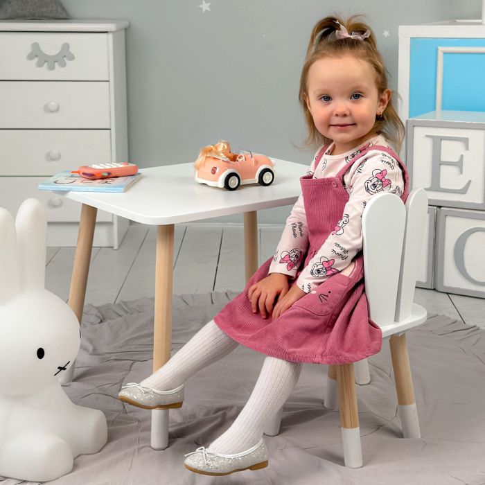 Прямокутний стіл та стілець дитячий білосніжний зайчик LalaKids