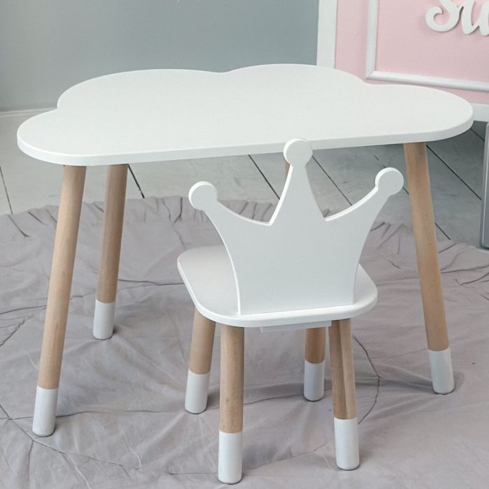 Стіл хмарка і стільчик дитячий біла корона для занять, ігор, їжі LalaKids