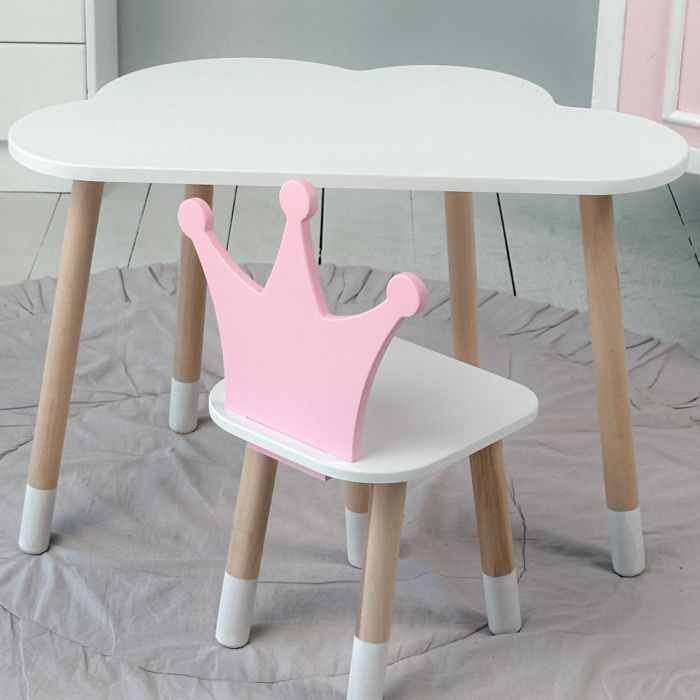 Дитячий стіл білосніжна хмарка і стільчик корона дитячий рожевий LalaKids