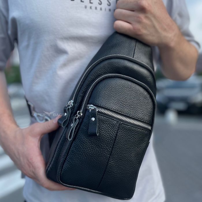 Мужская сумка-слинг кожаная 18х32х7 для прогулок Tiding Bag A25F-5060A черная