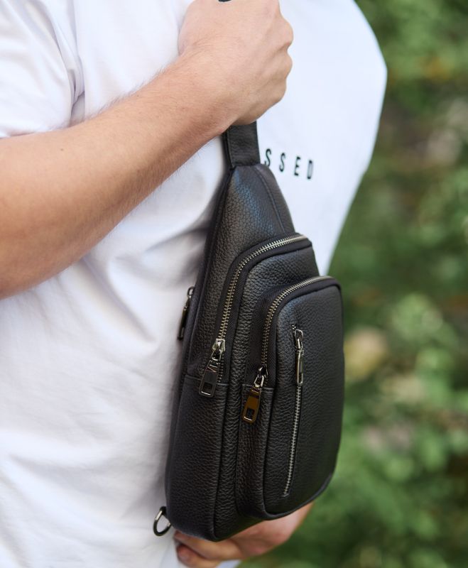 Сумка слінг чоловіча через плече 19х31х7 з натуральної шкіри TIDING BAG 32545 чорна