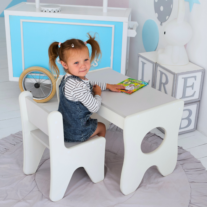 Столик и стульчик для ребенка игральный белый с серым LalaKids