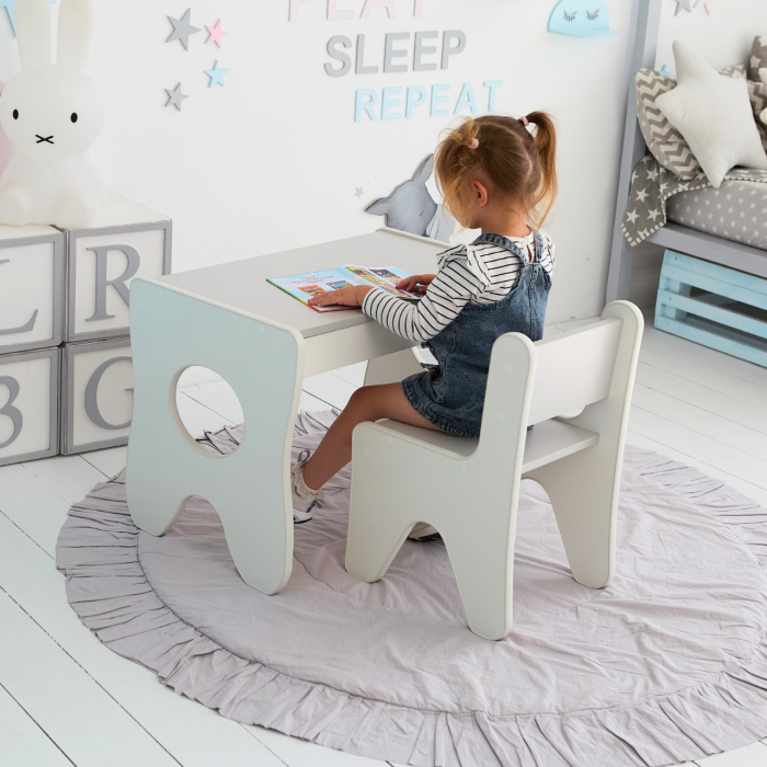 Столик и стульчик для ребенка игральный белый с серым LalaKids