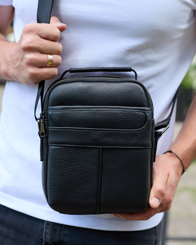 Чоловіча сумка-меседжер шкіряна 24х18х7 для телефона Tiding Bag чорна