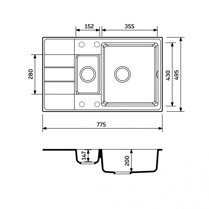 Кухонная мойка Adamant ANILA графит 645x495x200 мм, с крылом