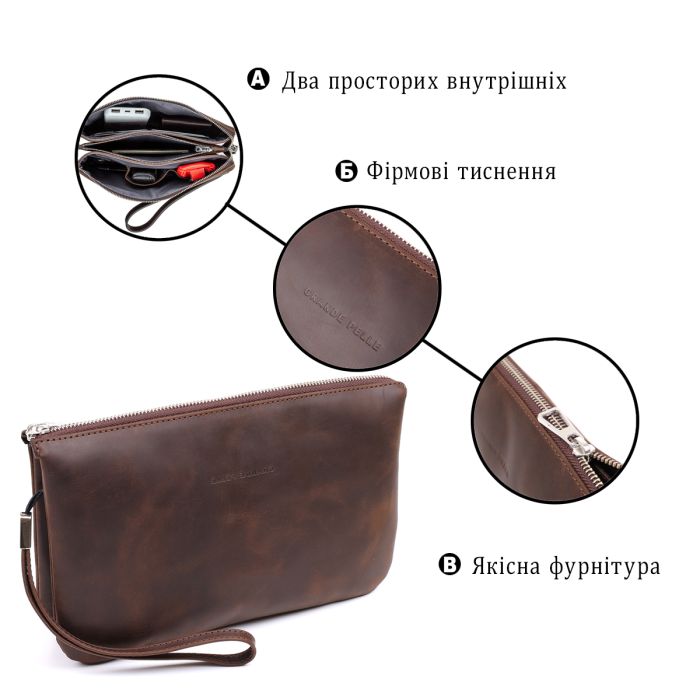 Барсетка чоловіча вінтажна Grande Pelle 11145 шкіряна коричнева