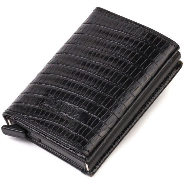 Фактурний картхолдер унісекс у три складання з автоматичним механізмом з натуральної шкіри з тисненням Canpellini 21931 чорний