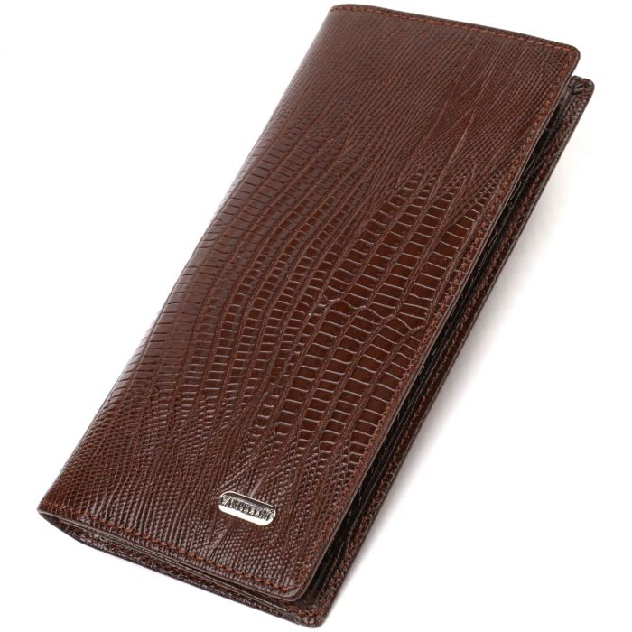 Фактурний чоловічий вертикальний гаманець без застібки з натуральної шкіри з тисненням Canpellini 21903 коричневий