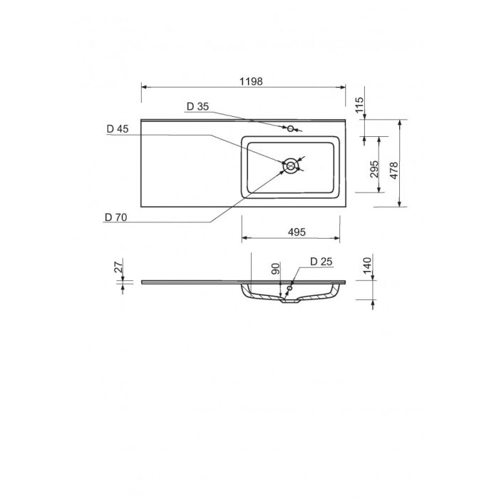 Умивальник накладний Adamant Flat White 120 R штучний камінь 1200x478x140мм