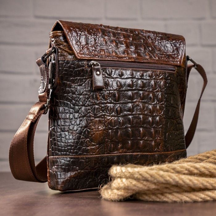 Сумка мужская с тиснением под крокодила 14698 Vintage коричневая