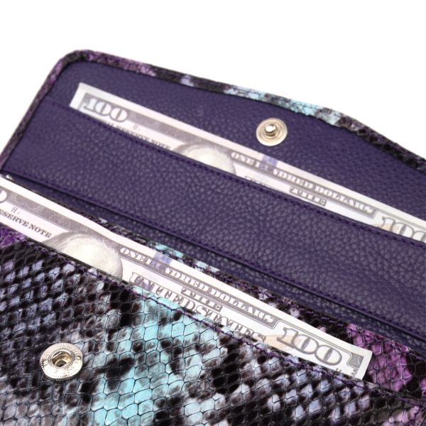 Bright women's wallet with flap made of textured reptile leather KARYA 21109 purple