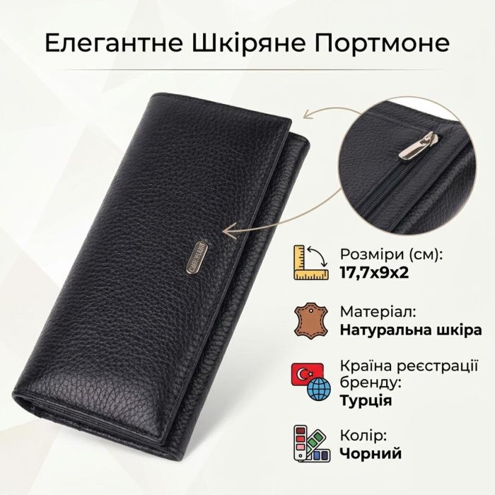 Классический женский кошелек из натуральной зернистой кожи Canpellini 21658 черный