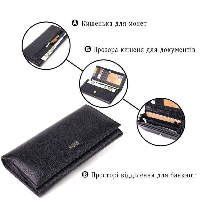 Классический женский кошелек из натуральной зернистой кожи Canpellini 21658 черный