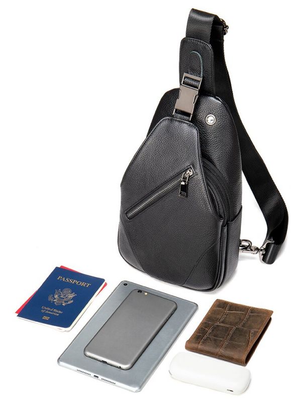 Men's sling bag in grain leather 20249 Vintage black