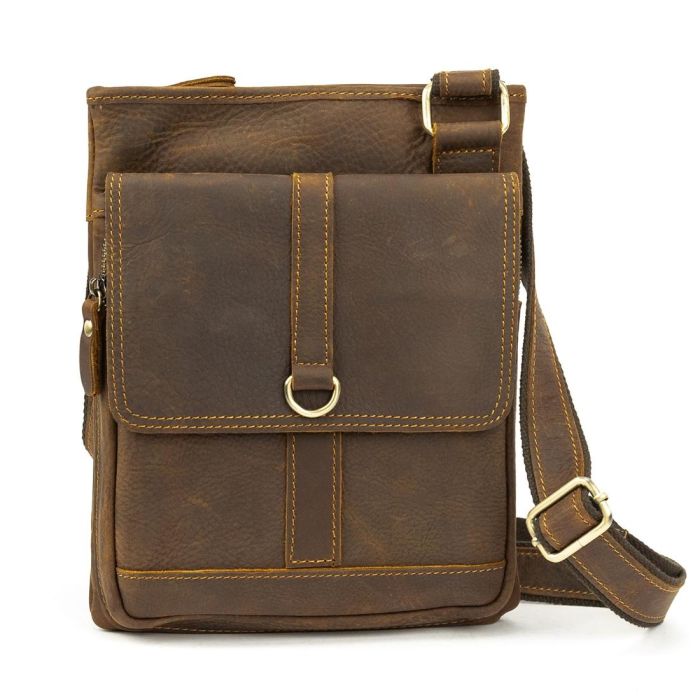 Мужской кожаный мессенджер на один отдел с карманом спереди Tiding Bag M39-993DB коричневый