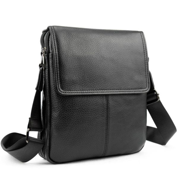 Кожаный черный мессенджер с клапаном на два отдела Tiding Bag M56-3508A