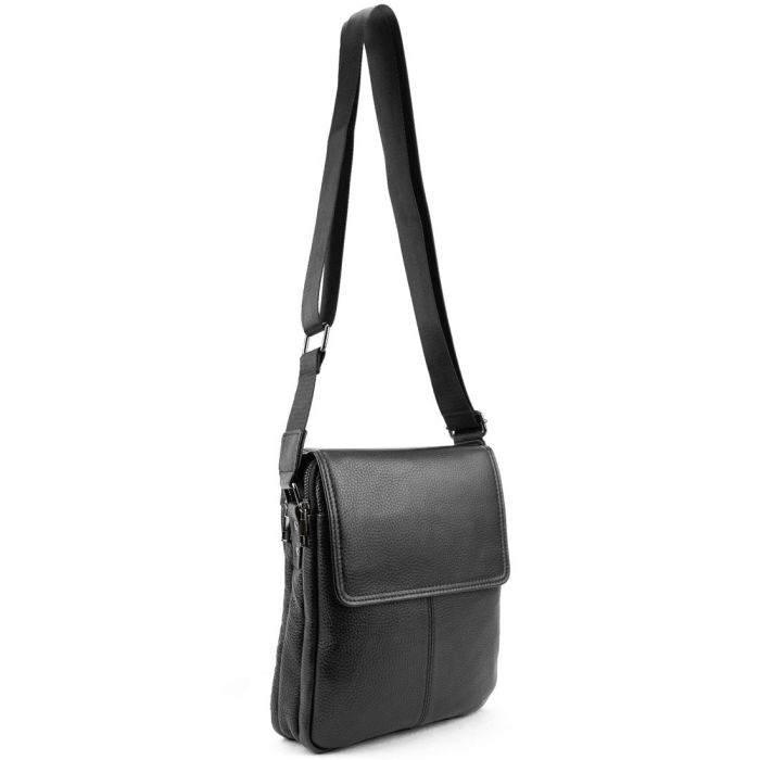 Шкіряний чорний месенджер з клапаном на два відділи Tiding Bag M56-3508A