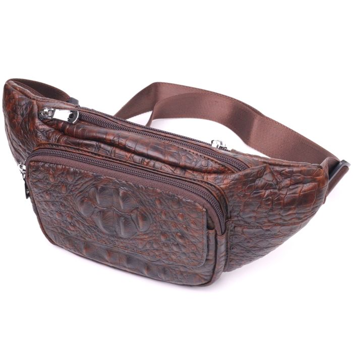 Модная поясная сумка из натуральной кожи с фактурой под крокодила 21298 Vintage коричневая