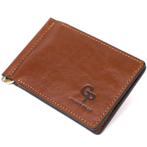 Чоловічий шкіряний затискач для грошей Grande Pelle 11474 коричневий
