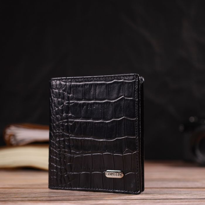 Невелике шкіряне портмоне для чоловіків з тисненням під крокодила Canpellini 21738 чорне