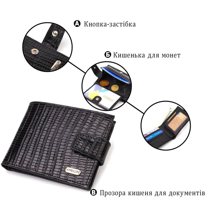 Небольшой фактурный мужской кошелек из натуральной кожи с тиснением Canpellini 21748 черный